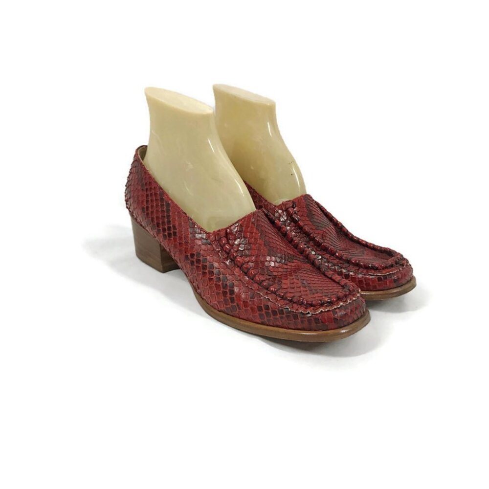 Vintage 90s Loafers Red Snakeskin and Leather Chunky Heel Square Toe Shoes Mare
